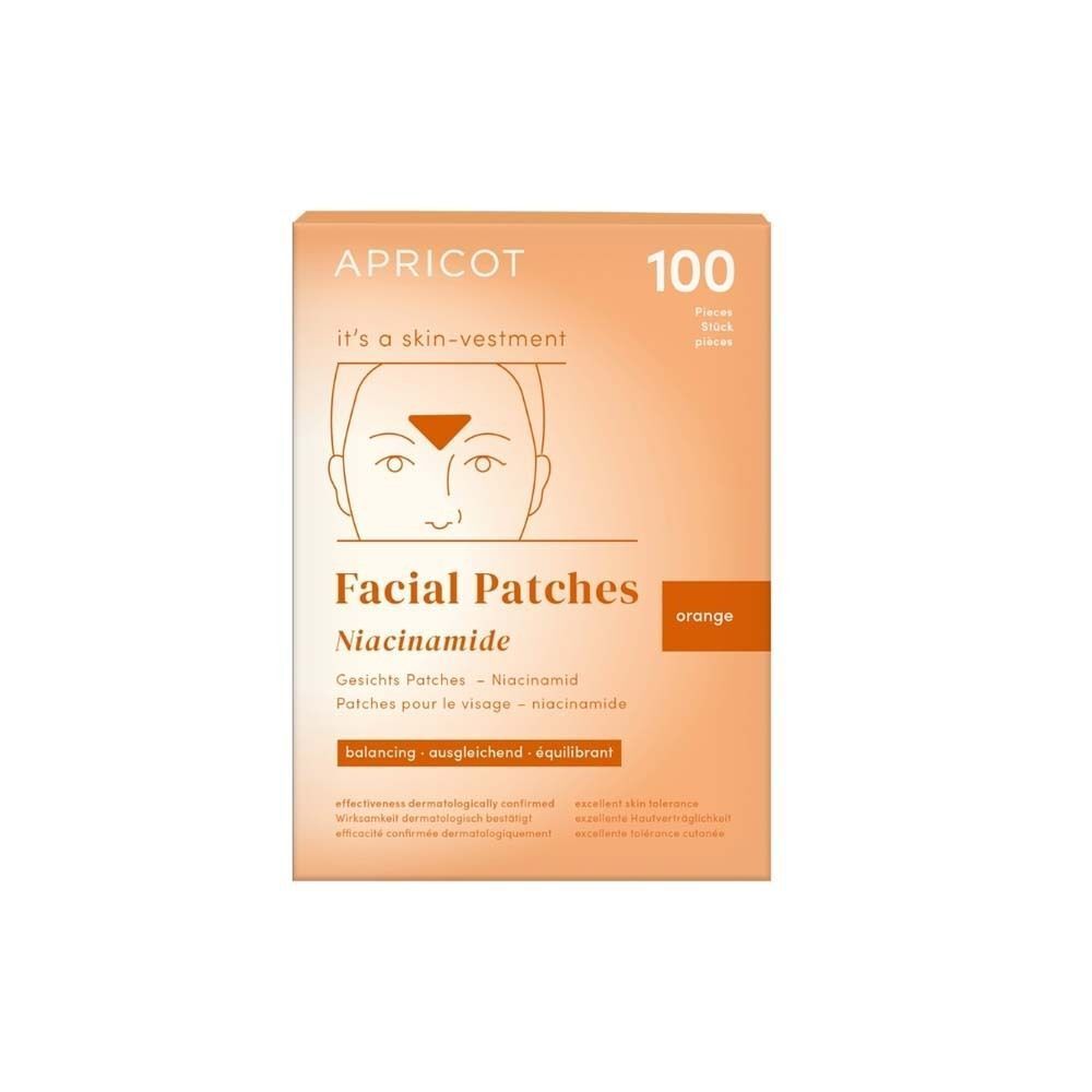 Orangefarbene Verpackung mit Produktname, Marke und 100 Stück. Dreieckige Patches sind abgebildet.