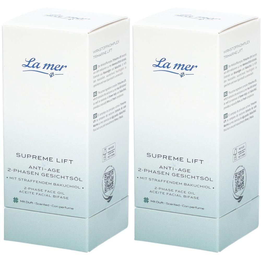 Zwei weiße Kartons mit Produktaufdruck. Aufschrift: La mer, Supreme Lift Anti-Age 2-Phasen Gesichtsöl. Mit Bakuchiol.