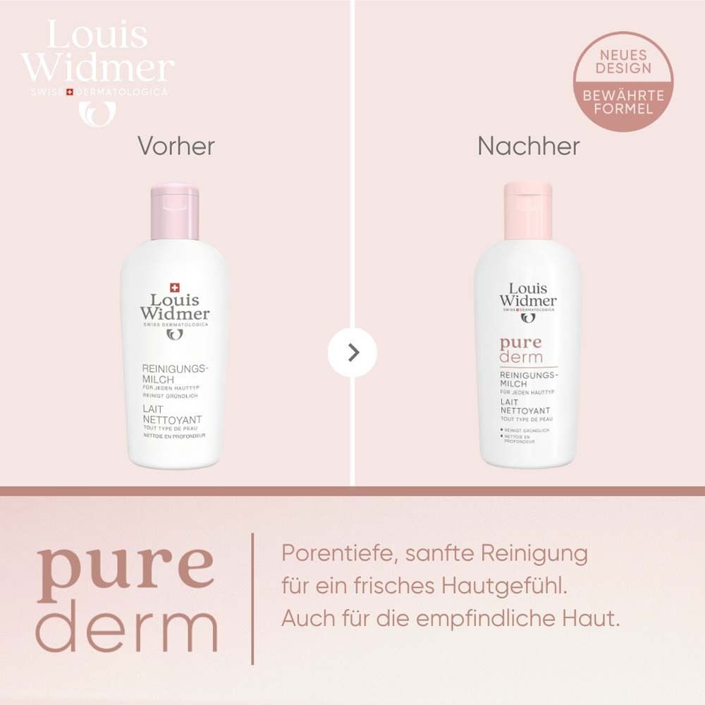Vergleich von Louis Widmer purederm Reinigungsmilch. Links: altes Design. Rechts: neues Design. Text: Bewährte Formel.