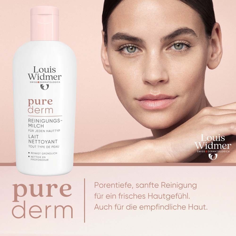 Frau mit Haut. Neben ihr: Louis Widmer purederm Reinigungsmilch. Weiße Flasche mit rosa Deckel. Text: Reinigungsmilch, für jeden Hauttyp.