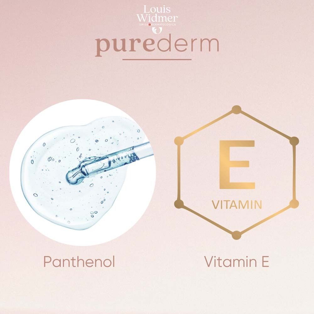 Zwei Inhaltsstoffe: Panthenol und Vitamin E. Panthenol in Tropfenform. Vitamin E in goldener sechseckiger Form.