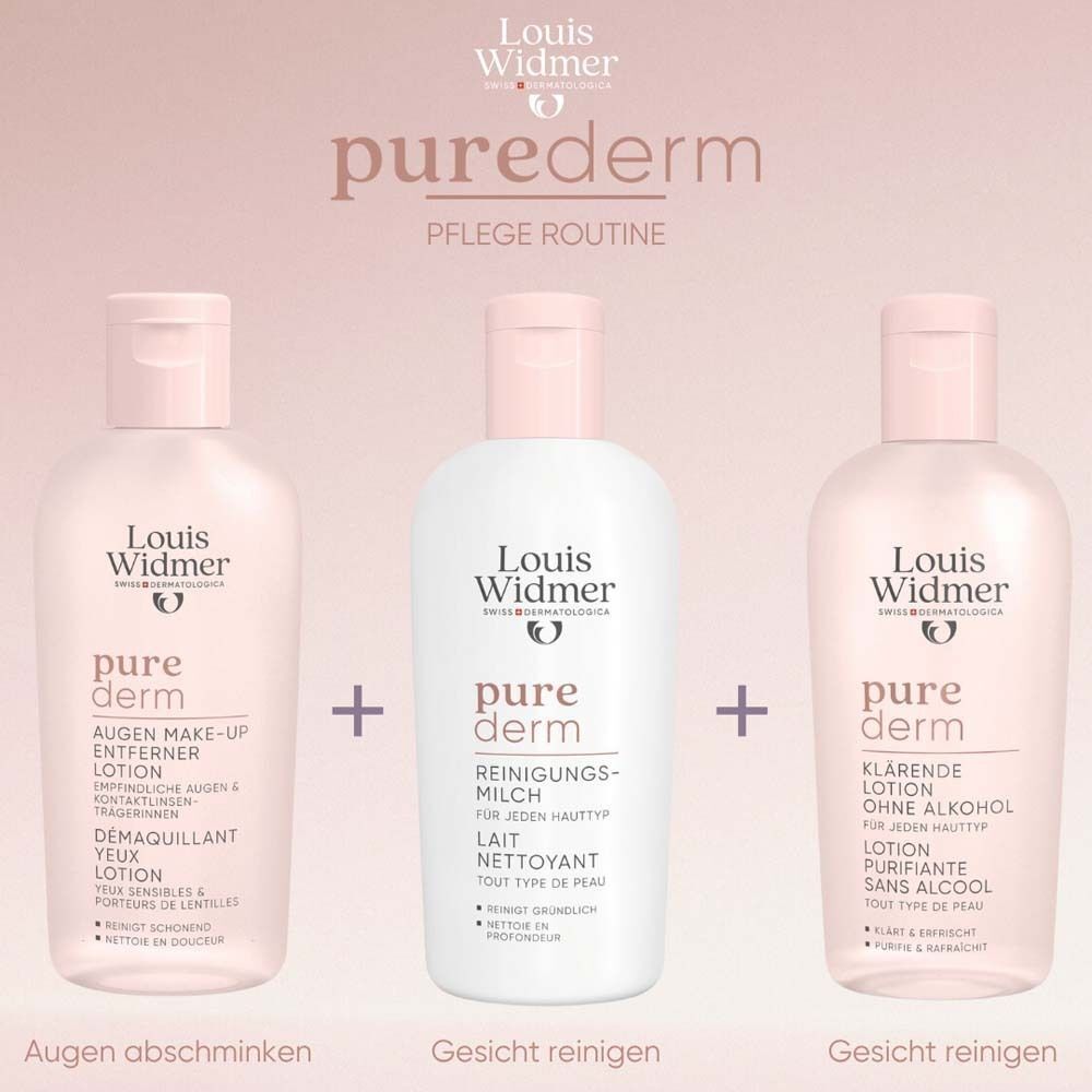 Pflege-Routine mit drei Louis Widmer purederm Produkten. Augen Make-up Entferner, Reinigungsmilch, Klare Lotion.