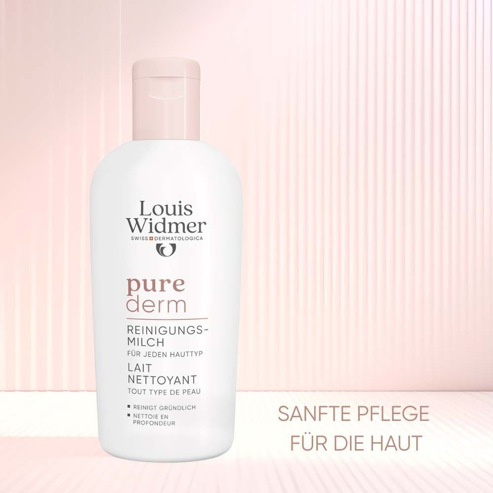 Louis Widmer purederm Reinigungsmilch. Weiße Flasche mit rosa Deckel. Text: Reinigungsmilch, für jeden Hauttyp.