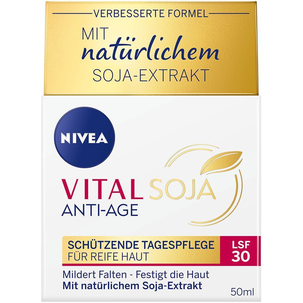 Verpackung NIVEA VITAL Soja Anti-Age Tagespflege LSF 30. Weiße Schachtel mit goldenem Deckel. Aufschrift: VITAL SOJA, ANTI-AGE, SCHÜTZENDE TAGESPFLEGE LSF 30, LSF 30.