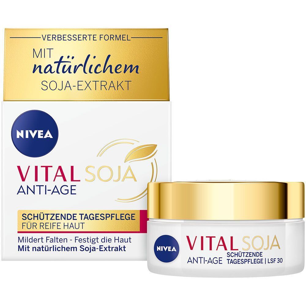 Verpackung und Tiegel NIVEA VITAL Soja Anti-Age Tagespflege LSF 30. Weiße Schachtel und Tiegel mit goldenem Deckel. Aufschrift: VITAL SOJA, ANTI-AGE, SCHÜTZENDE TAGESPFLEGE LSF 30.