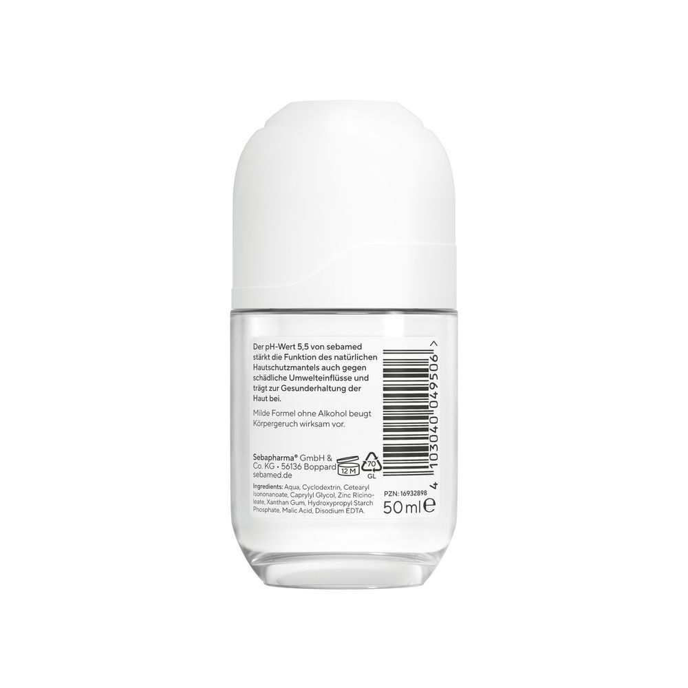 Sebamed Balsam Deo Roll-On. Weiße Kappe, transparenter Behälter. Rückseite mit Text und Barcode. Volumen: 50ml.