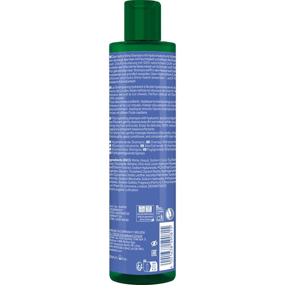 Rückseite einer Shampoo-Flasche. Text: Inhaltsstoffe, Anwendungshinweise, Zertifizierungen. Flasche mit grünem Deckel und blauem Etikett.