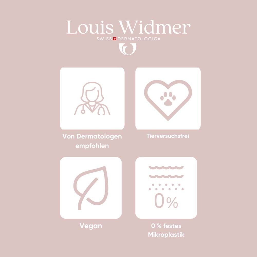 Vier Icons mit Text. Von Dermatologen empfohlen, Tierversuchsfrei, Vegan, 0% festes Mikroplastik. Logo: Louis Widmer.
