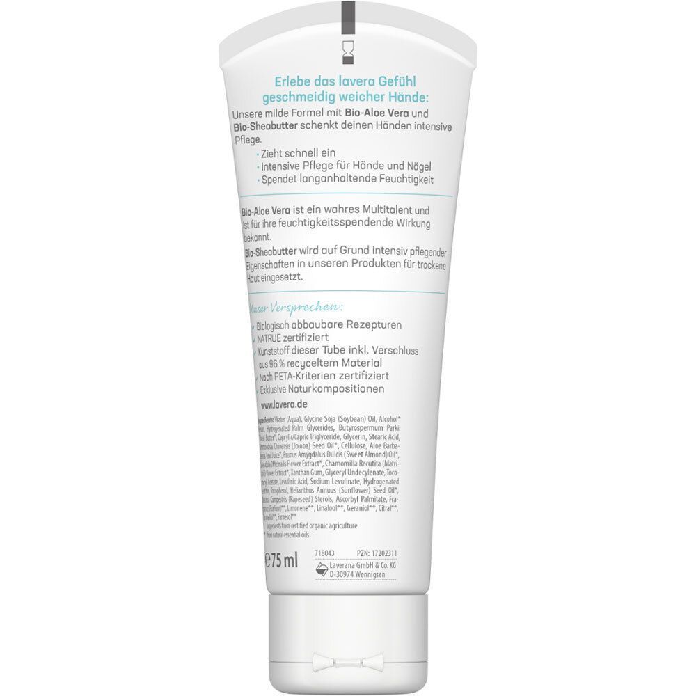 Handcreme-Tube, Rückseite. Weiß, Text in Schwarz. Aufschrift: lavera, Text über Inhaltsstoffe und Eigenschaften. Volumen: 75 ml.