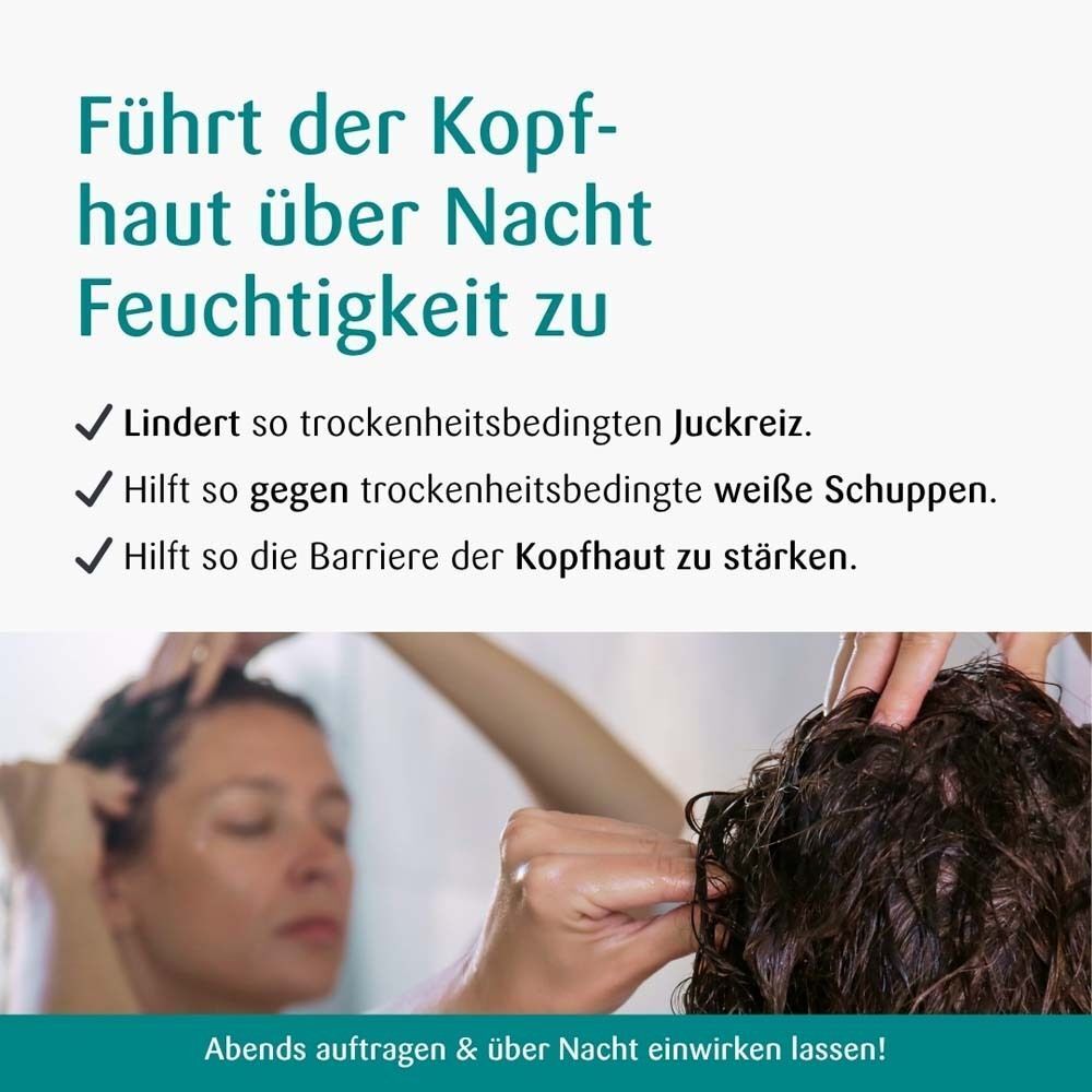Hände tragen Produkt auf Kopfhaut auf. Text: Lindert Juckreiz, hilft gegen Schuppen, stärkt die Kopfhautbarriere.