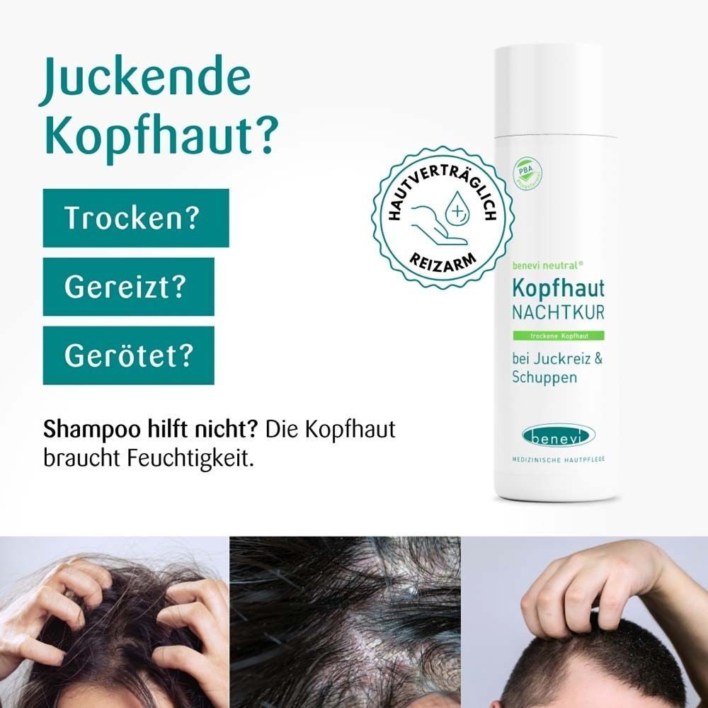 Produktflasche neben Bildern von Kopfhaut. Text: Trocken, gereizt, gerötet? Kopfhaut braucht Feuchtigkeit. Mit Hautverträglichkeits-Siegel.