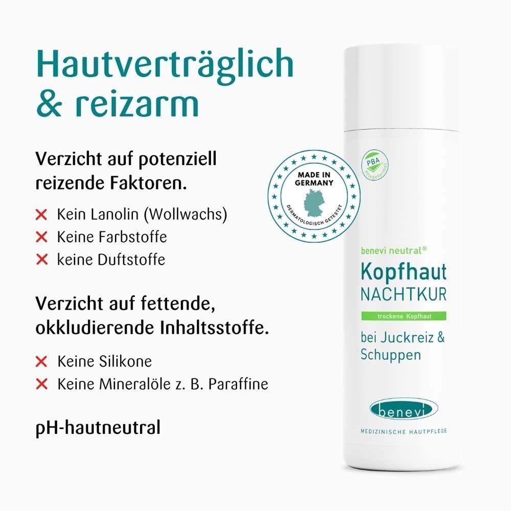 Produktflasche neben Text. Text: Ohne reizende Faktoren, ohne Silikone, ohne Duftstoffe. pH-hautneutral. Made in Germany.