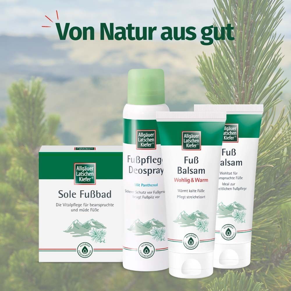 Verschiedene Produkte: Sole Fußbad, Fußpflege Deospray, Fußbalsam.