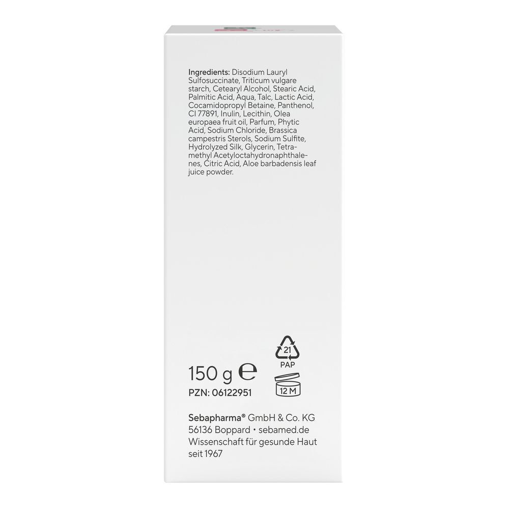 Rückseite der Verpackung von Sebamed seifenfreies Waschstück Olive. Enthält Inhaltsstoffe und Gewichtsangabe: 150 g.