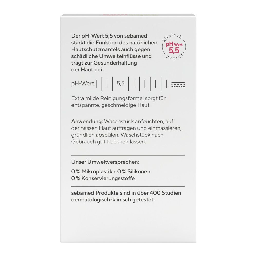 Rückseite der Verpackung von Sebamed seifenfreies Waschstück Olive. Text über pH-Wert und Anwendung. Dermatologisch getestet.