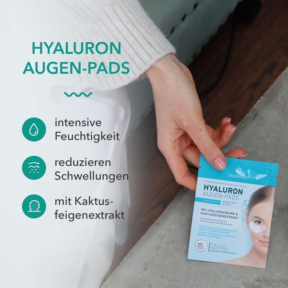 Hand hält eine Packung Augen-Pads. Text: Hyaluron Augen-Pads. Grafiken: intensive Feuchtigkeit, reduzieren Schwellungen.