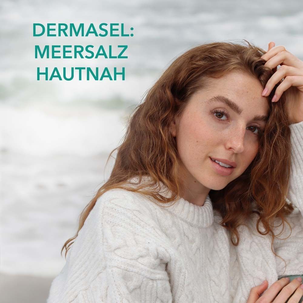 Porträt einer Frau. Text: DERMASEL: Meersalz hautnah.
