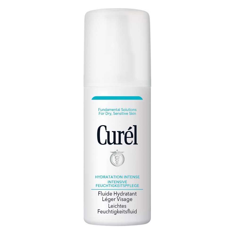 Eine weiße Flasche Curél Leichtes Feuchtigkeitsfluid. Text: Curél, Hydratation Intense, Fluide Hydratant Léger, Leichtes Feuchtigkeitsfluid.