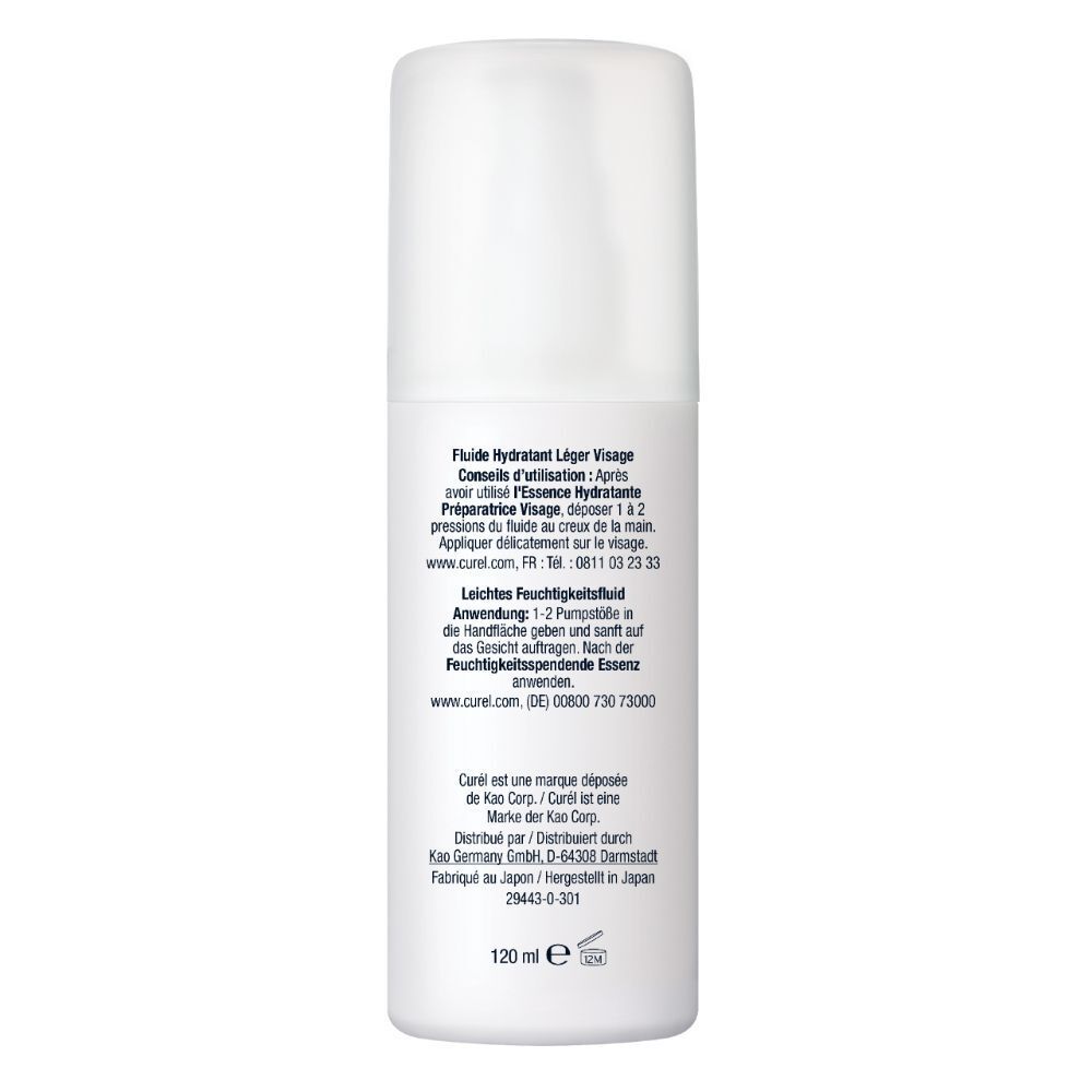 Rückseite einer weißen Flasche Curél Leichtes Feuchtigkeitsfluid. Text: Anwendung, Inhaltsstoffe, Kontaktinformationen, 120 ml.