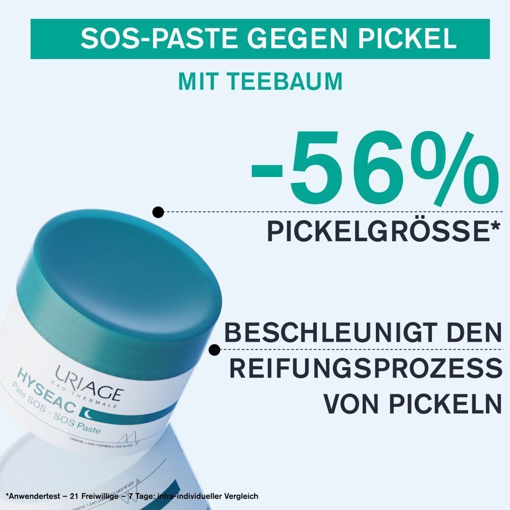 Tiegel mit grünem Deckel. Text: SOS-Paste gegen Pickel mit Teebaum. -56% Pickelgröße. Beschleunigt den Reifungsprozess von Pickeln.