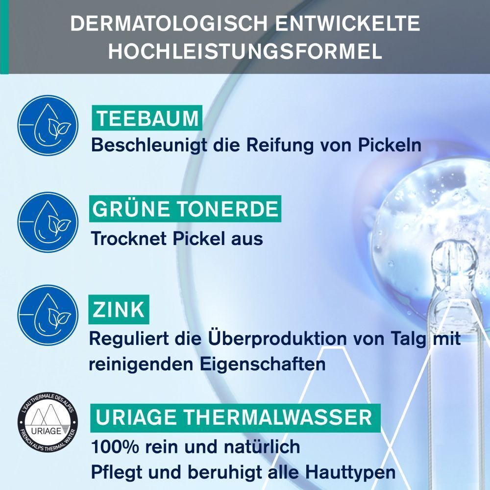 Grafik mit Inhaltsstoffen. Text: Teebaum, Grüne Tonerde, Zink, URIAGE Thermalwasser. Dermatologisch entwickelte Hochleistungsformel.