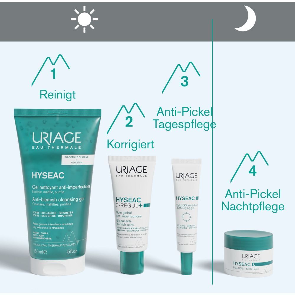 Vier Produkte. URIAGE Hyseac. Reinigt, korrigiert, Anti-Pickel Tagespflege, Anti-Pickel Nachtpflege. Text: Anti-Blemish cleansing gel, 150ml.