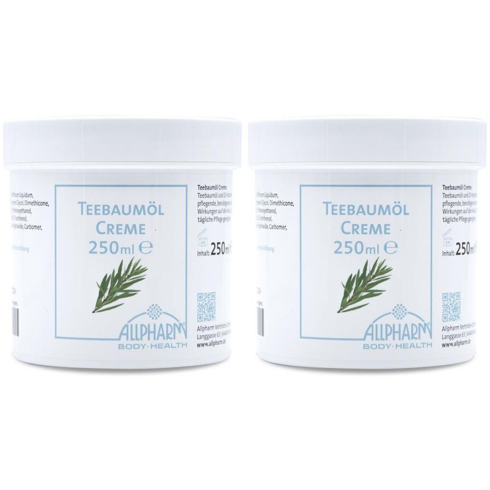 Zwei weiße Tiegel mit Aufschrift "Teebaumöl Creme 250ml e". Logo: ALLPHARM BODY HEALTH. QR-Code und Text.