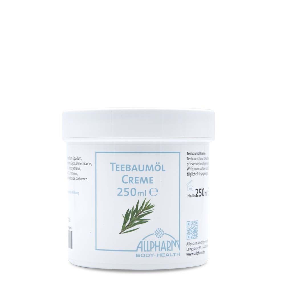 Weißer Tiegel mit Aufschrift "Teebaumöl Creme 250ml e". Logo: ALLPHARM BODY HEALTH. QR-Code und Text.