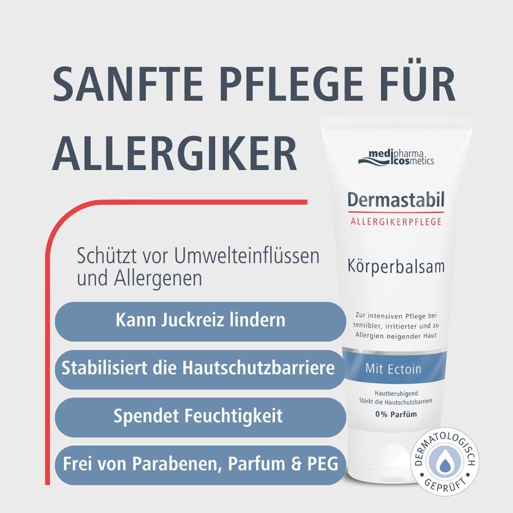 Dermastabil Körperbalsam mit Text. Text: Sanfte Pflege für Allergiker, schützt vor Umwelteinflüssen, stabilisiert Hautschutzbarriere.