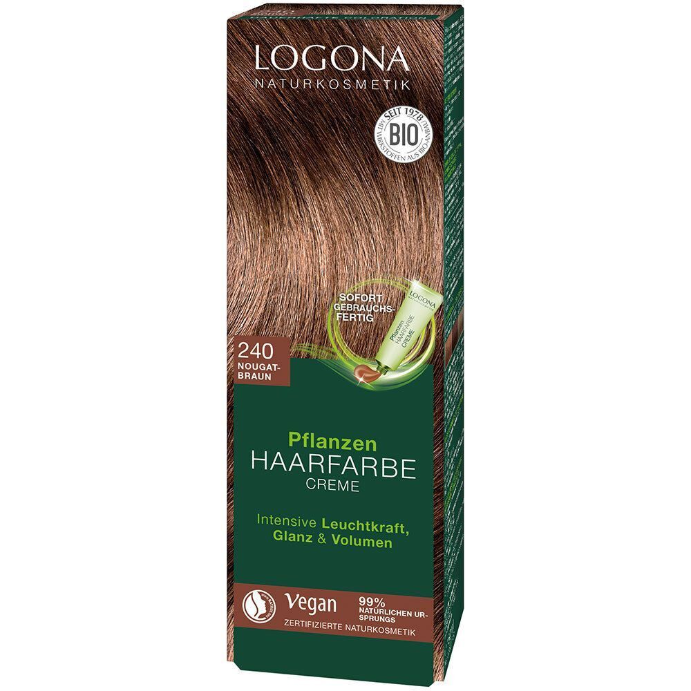LOGONA Pflanzen-Haarfarbe Creme 240 Nougatbraun Karton. Bio-Siegel und Vegan-Logo. Produktbezeichnung und Haarfarbe.