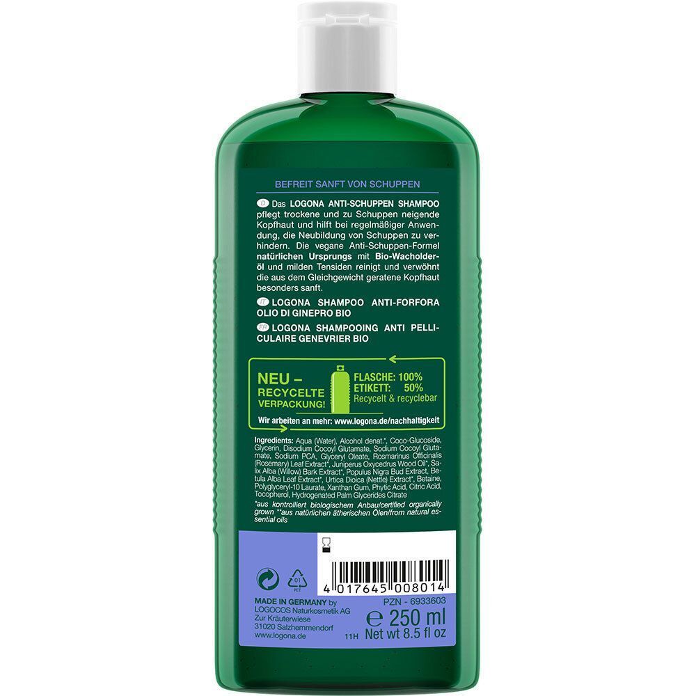 Rückseite einer grünen LOGONA Anti-Schuppen Shampoo Flasche. Text mit Inhaltsstoffen, Recycling-Hinweis und Herstellerinformationen.