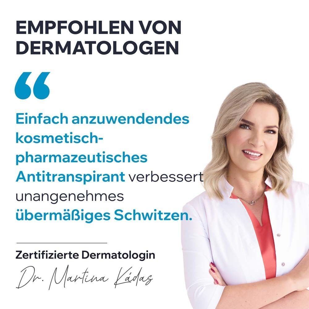 Frau mit weißem Kittel. Text: Einfach anzuwendendes kosmetisch-pharmazeutisches Antitranspirant verbessert unangenehmes übermäßiges Schwitzen. Zertifizierte Dermatologin.