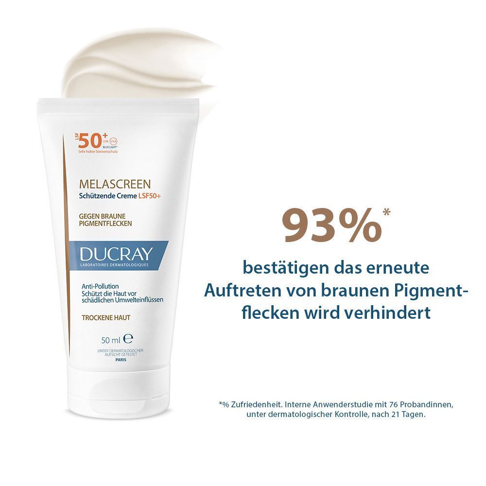DUCRAY MELASCREEN Creme SPF 50+ und Creme-Textur. Text: MELASCREEN, LSF 50+, gegen Pigmentflecken. 93% bestätigen Verhinderung erneuter Flecken.