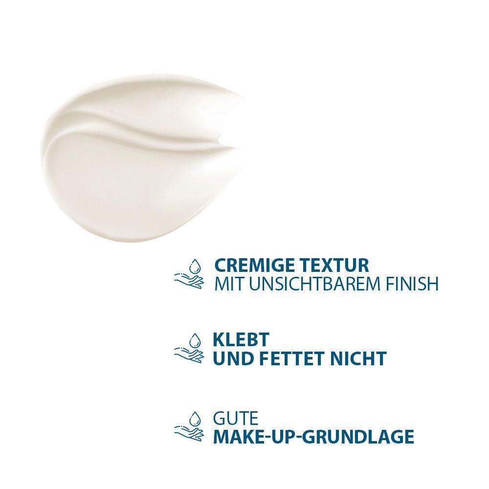 Creme-Textur. Text: Cremige Textur mit unsichtbarem Finish, klebt und fettet nicht, gute Make-up-Grundlage. Drei Tropfen-Icons.