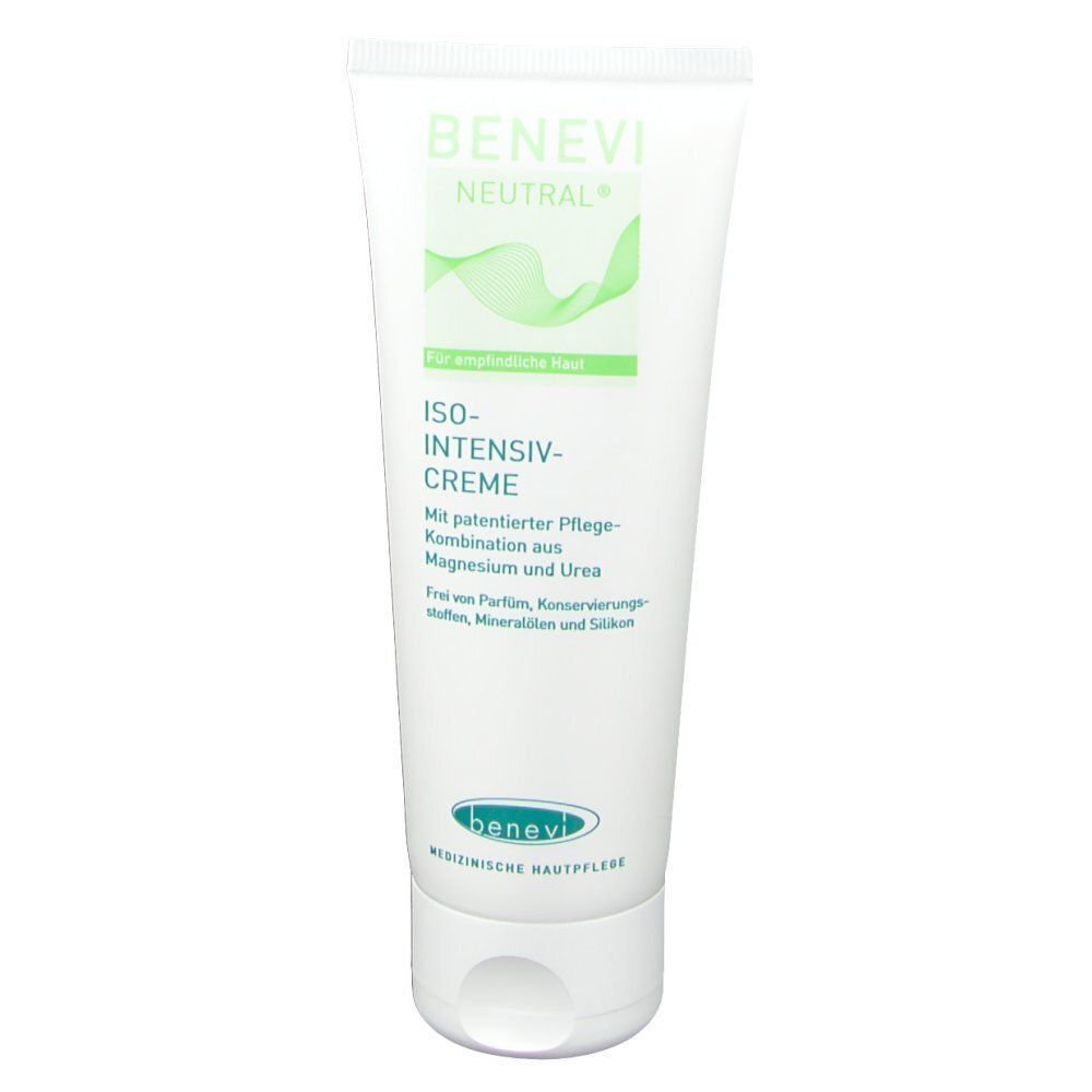 Weiße Tube mit grünen Akzenten. Aufschrift: benevi neutral, ISO-Intensiv Creme. Für empfindliche Haut. Mit Magnesium und Urea.