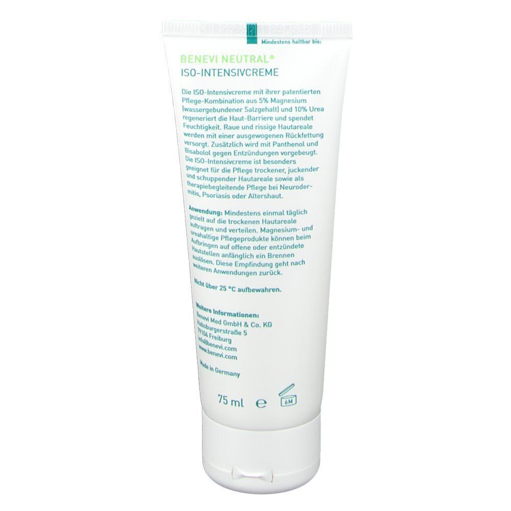 Rückseite der Tube. Text: ISO-Intensivcreme mit Magnesium und Urea. Anwendungshinweise. 75 ml. Enthält Informationen zur Anwendung.