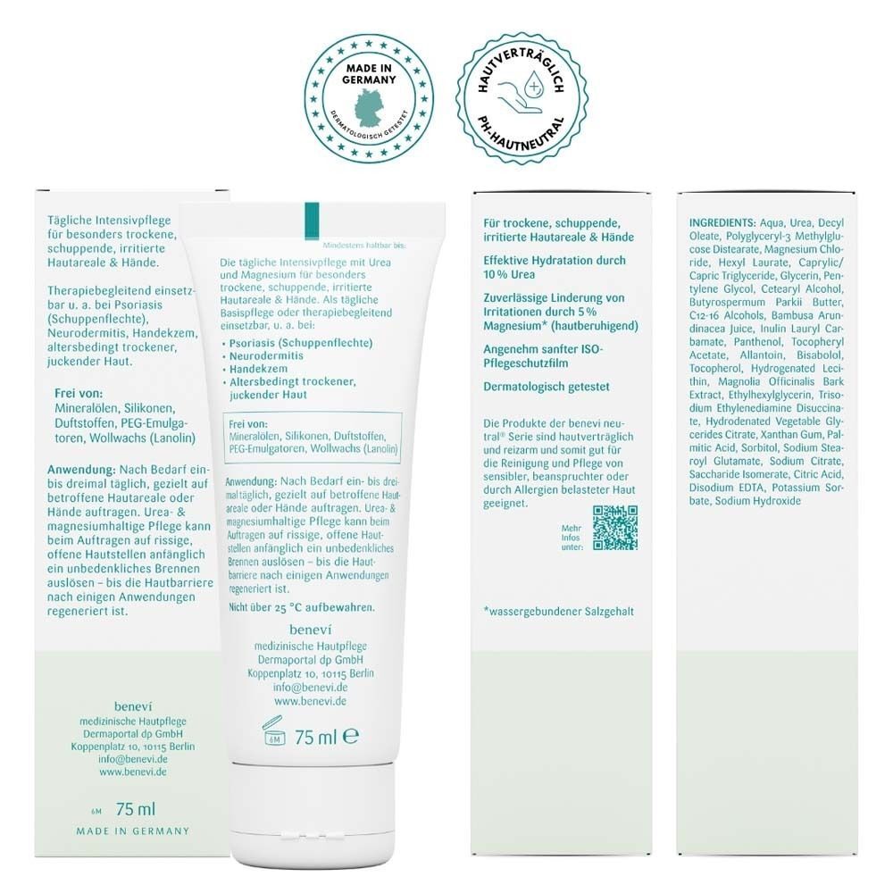 Rückseite der Tube und Kartons. Text: Anwendung, Inhaltsstoffe, hergestellt in Deutschland. 75 ml. Dermatologisch getestet.