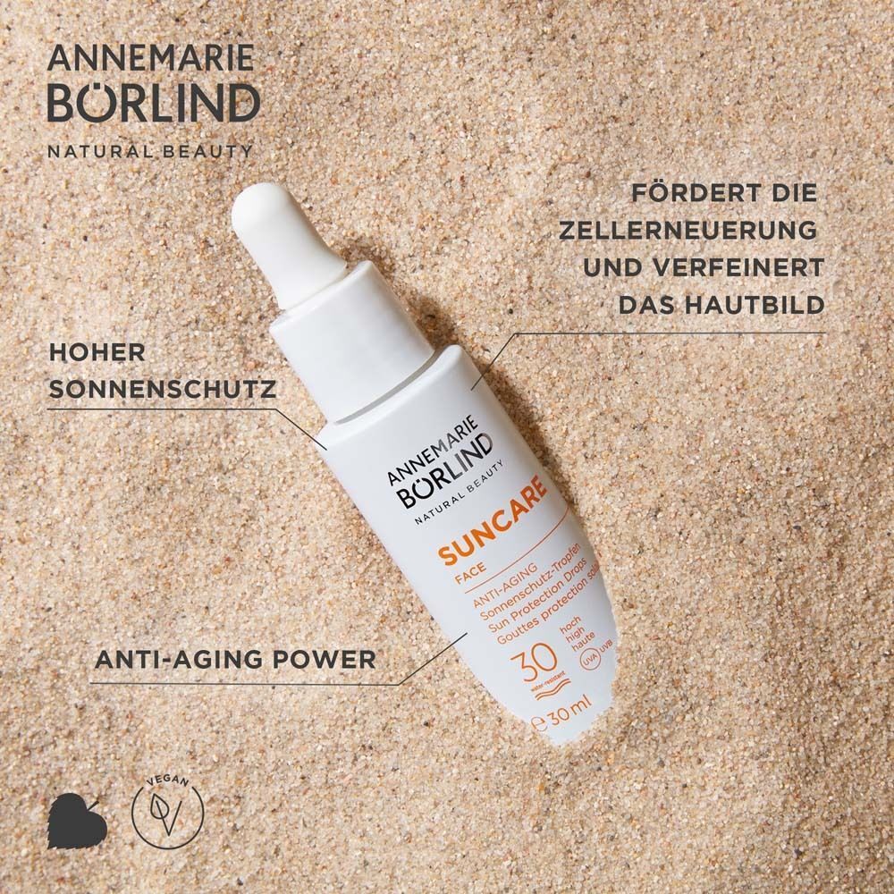 Flasche mit Tropfaufsatz auf Sand. Aufschrift: Suncare Face, LSF 30. Marke: Annemarie Börlind. Text: Anti-Aging Power.