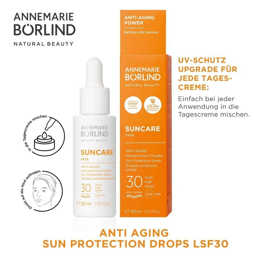 Flasche und Schachtel. Aufschrift: Suncare Face, LSF 30. Marke: Annemarie Börlind. Text: Anti Aging Sun Protection Drops LSF30.