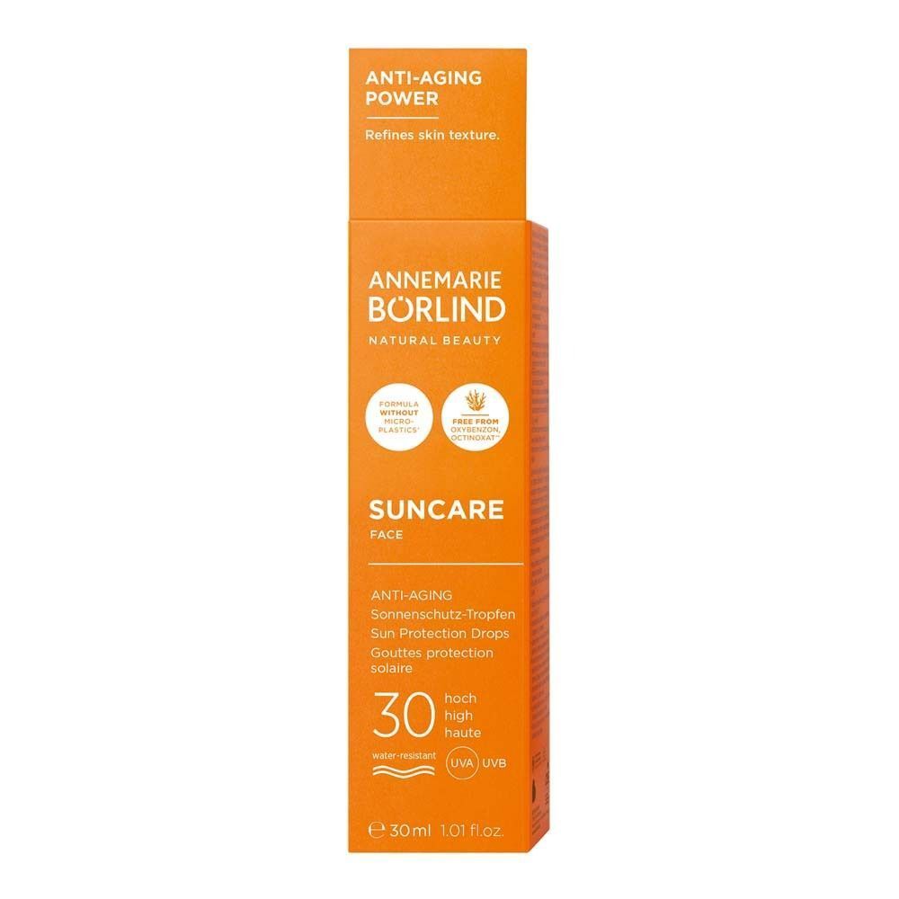 Produktverpackung. Aufschrift: Suncare Face, LSF 30. Marke: Annemarie Börlind. Text: Anti Aging.