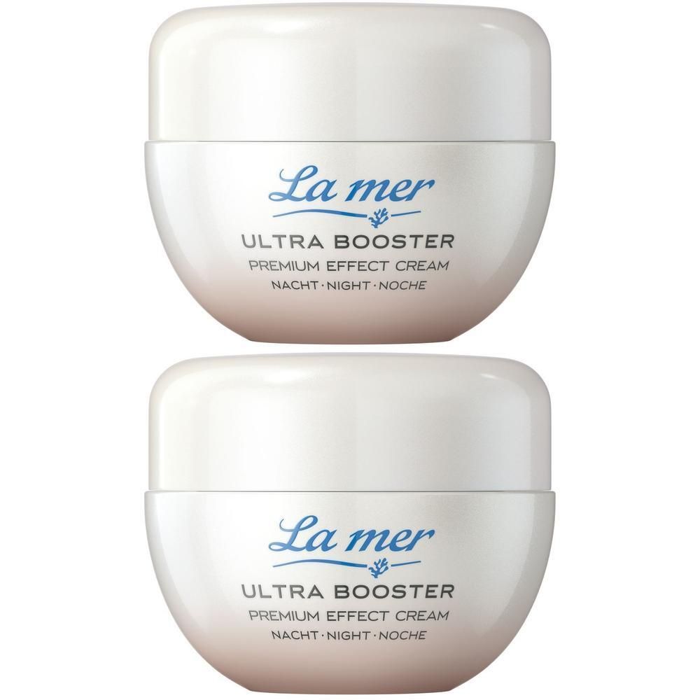 Zwei cremefarbene Tiegel mit Deckel. Aufschrift: La mer, Ultra Booster, Premium Effect Cream Nacht.