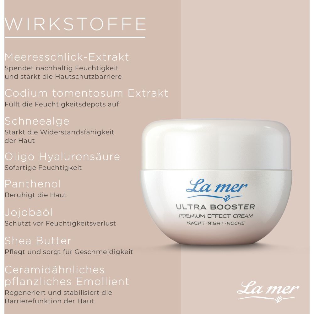 Cremetiegel mit Inhaltsstoffen: Meeresschlick-Extrakt, Codium tomentosum Extrakt, Schneealge, Oligo Hyaluronsäure, Panthenol, Jojobaöl, Shea Butter.