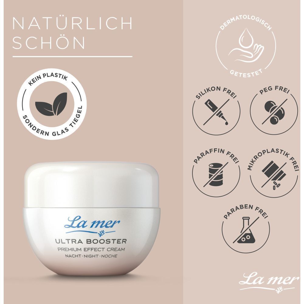 Cremetiegel mit Logos: Kein Plastik, sondern Glastiegel, dermatologisch getestet, silikonfrei, PEG-frei, paraffinfrei, mikroplastikfrei, parabenfrei.