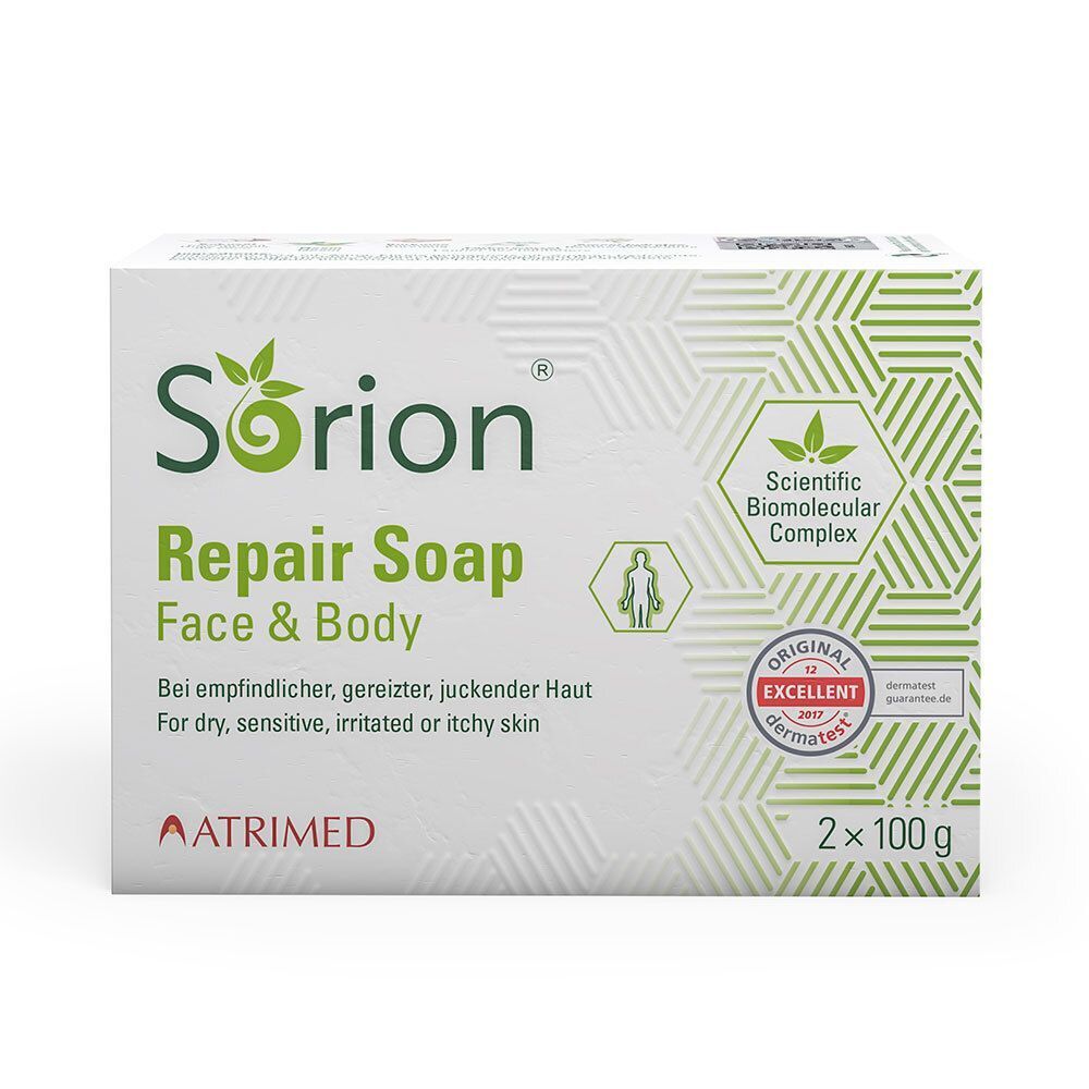 Eine Seifenpackung. Aufschrift: Sorion Repair Soap Face & Body. Für trockene, empfindliche, gereizte oder juckende Haut. 2 x 100 g.