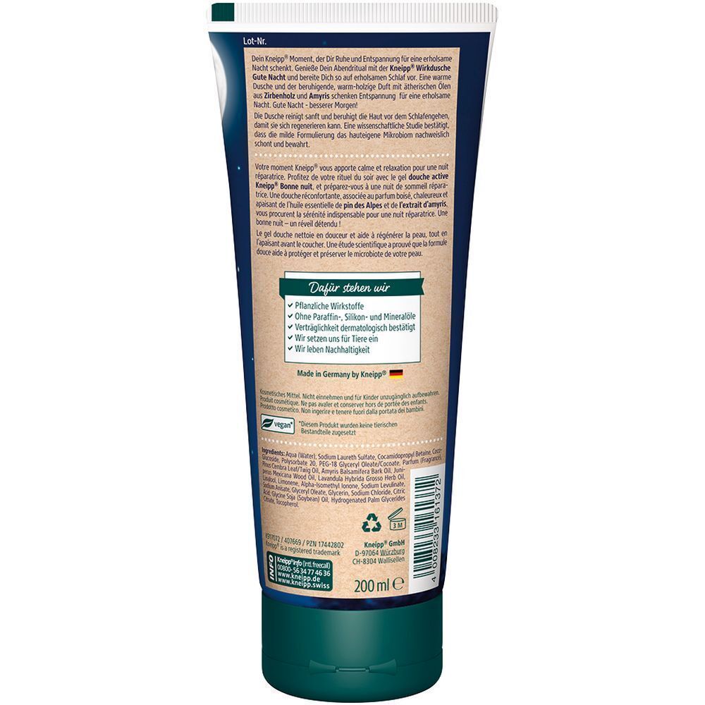 Rückseite einer Kneipp® Wirkdusche Gute Nacht Tube. Text in Deutsch und Französisch. Grüne Kappe. 200 ml.