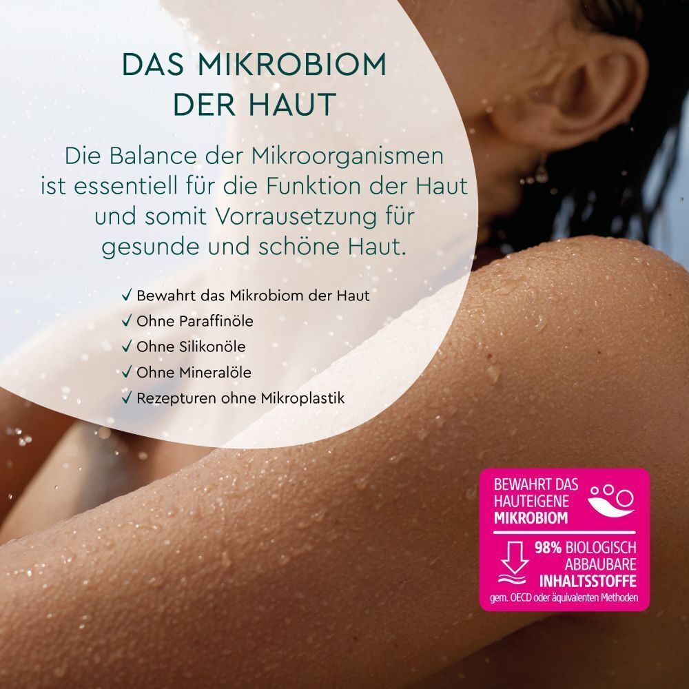 Nahaufnahme einer Hautpartie. Text über das Mikrobiom der Haut. Logo und Text: 98% biologisch abbaubare Inhaltsstoffe.