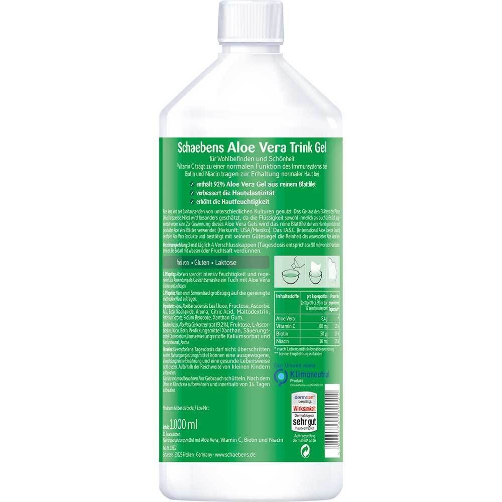 Rückseite einer Flasche Schaebens Aloe Vera Trink Gel 1000ml. Enthält Nährwertangaben und Zertifizierungen.