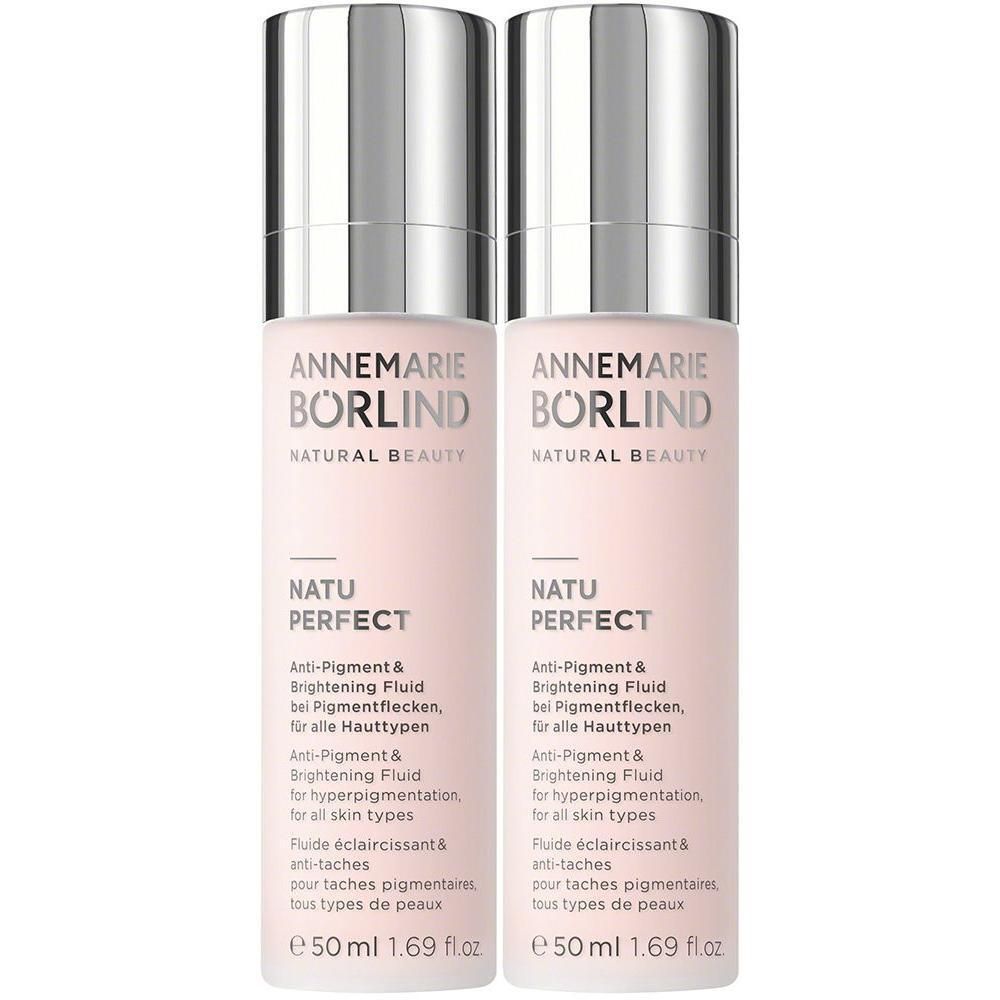 Zwei Flaschen ANNEMARIE BÖRLIND NATU PERFECT Anti-Pigment & Brightening Fluid, je 50 ml.