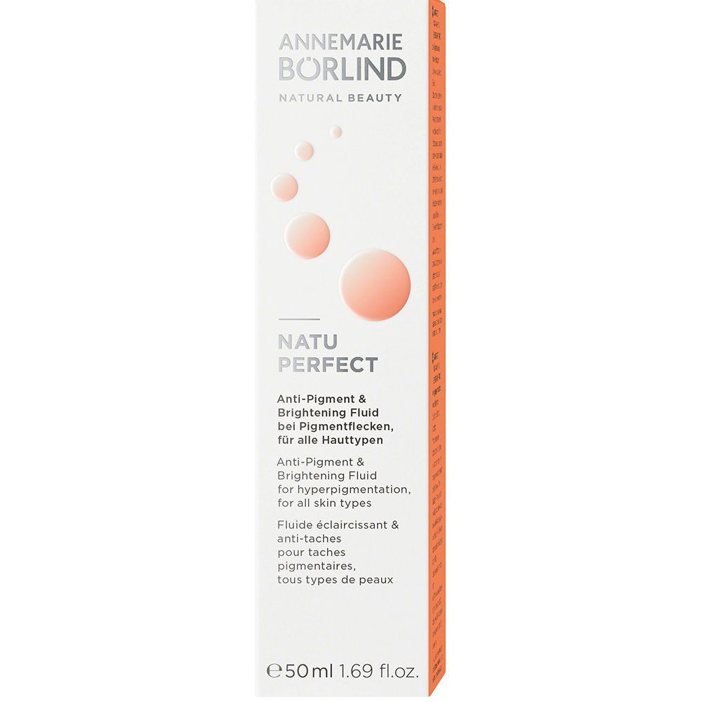 Verpackung ANNEMARIE BÖRLIND NATU PERFECT Anti-Pigment & Brightening Fluid, 50 ml.