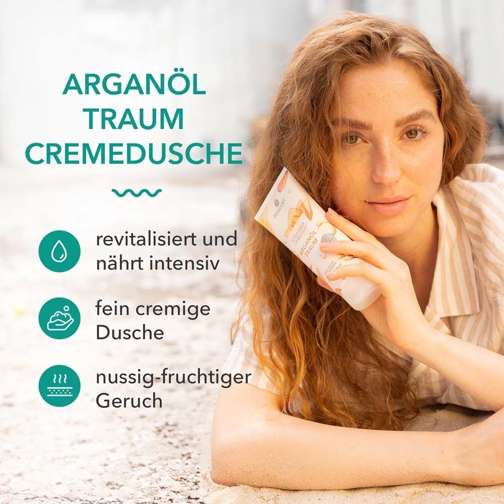 Frau hält Tube Creme-Dusche. Aufschrift: ARGANÖL TRAUM CREMEDUSCHE. Icons: revitalisiert, nährt, cremig, nussig-fruchtiger Geruch.